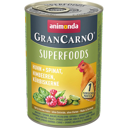 Animonda gran сarno superfoods консервы с курицей, шпинатом, малиной и тыквенными семечками для взрослых собак