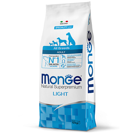 Monge dog speciality line light cухой корм низкокалорийный из лосося с рисом для взрослых собак всех пород