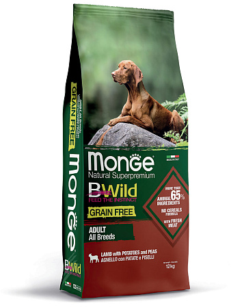 Monge dog bwild grain free сухой корм беззерновой из ягненка с картофелем и горохом для взрослых собак всех пород