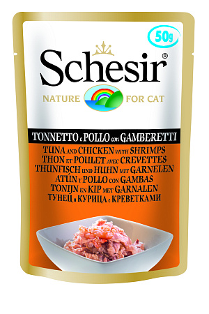 Schesir консервы из тунца, цыпленка и креветок для взрослых кошек