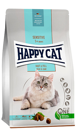 Happy cat sensitive haut & fell сухой корм с птицей для поддержки здоровья кожи и шерсти для взрослых кошек
